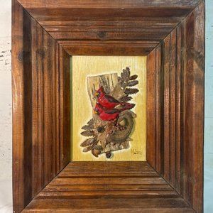 Vintage Dried Flower Acorn Moss Leaves Fungi Picture with Red Cardinals